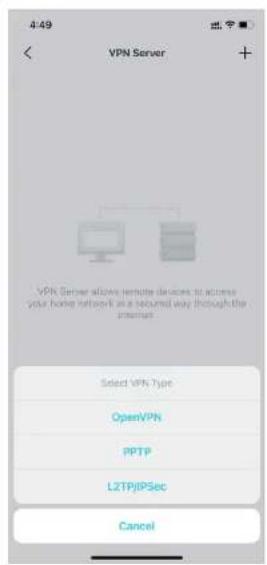 4:49 VPN Server + VPN Server allows remote devices to access your home network in a secured way through the internet Select VPN Type OpenVPN PPTP LZTP/IPSec Cancel
