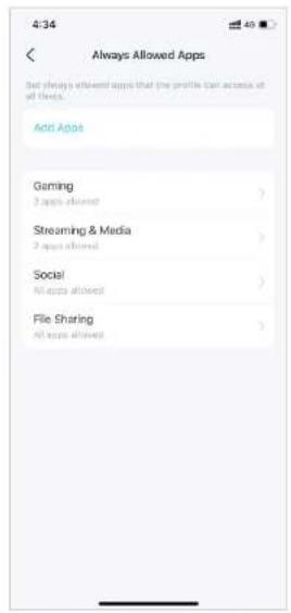 4:34 Always Allowed Apps But always allowed apps that the profile can access all of foods. Add Apps Gaming 2 apps allowed Streaming & Media 2 apps allowed Social All apps allowed File Sharing All apps allowed