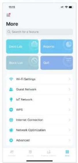 11:11 More Search for a feature Deco Lab Reports Black List Qu5 Wi-Fi Settings Guest Network IoT Network WPS Internet Connection Network Optimization Advanced