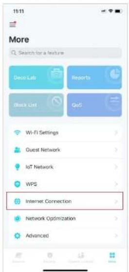 11:11 More Search for a feature Deco Lab Reports Black List QoS Wi-Fi Settings Guest Network IoT Network WPS Internet Connection Network Optimization Advanced