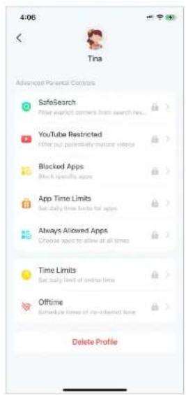 4:06 Tina Advanced Potential Controls SafeSearch Filter expect corners front search news... YouTube Restricted Filter out potentially mixture video Blocked Apps Block specificity apps App Time Limits Set daily time limits for apps Always Allowed Apps Choose save to allow at all times Time Limits Set daily level of online times Offtime Schedule times of up-to-Internet time Delete Profile