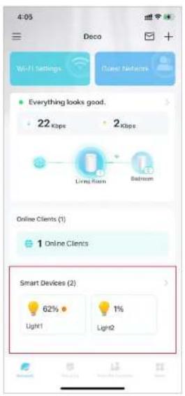 4:05 Deco Wi-Fi Settings Clean Filters Everything looks good. 22 Kbps 2 Kbps Living Room Bedroom Online Clients (1) 1 Online Clients Smart Devices (2) 62% Light1 Lign2 1%
