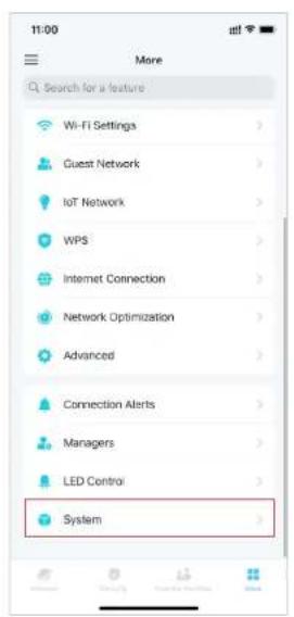 11:00 More Search for a feature Wi-Fi Settings Guest Network IoT Network WPS Internet Connection Network Optimization Advanced Connection Alerts Managers LED Control System