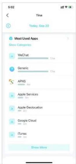 5:02 Tina Today, Sep 20 Most Used Apps Show Categories WeChat 12m Generic 6m APNS Apple Services Apple Geolocation Google Cloud iTunes Show More