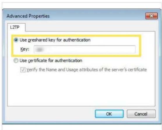 Advanced Properties L2TP Use greshared key for authentication Key: Use certificate for authentication ✓ Verify the Name and Usage attributes of the server's certificate OK Cancel