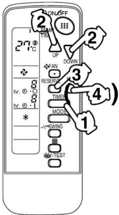 ON/OFF TEMP TIM UP DOWN 27°C FAN RESERVE 3 TIMER MODE SWING TEST 1 4)