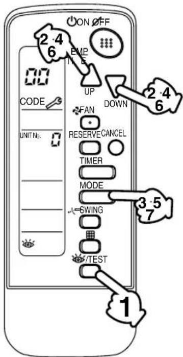 ON OFF 2 4 6 EMP TIME UP DOWN CODE FAN RESERVE CANCEL TIMER MODE =SWING TEST 3 5 7 1