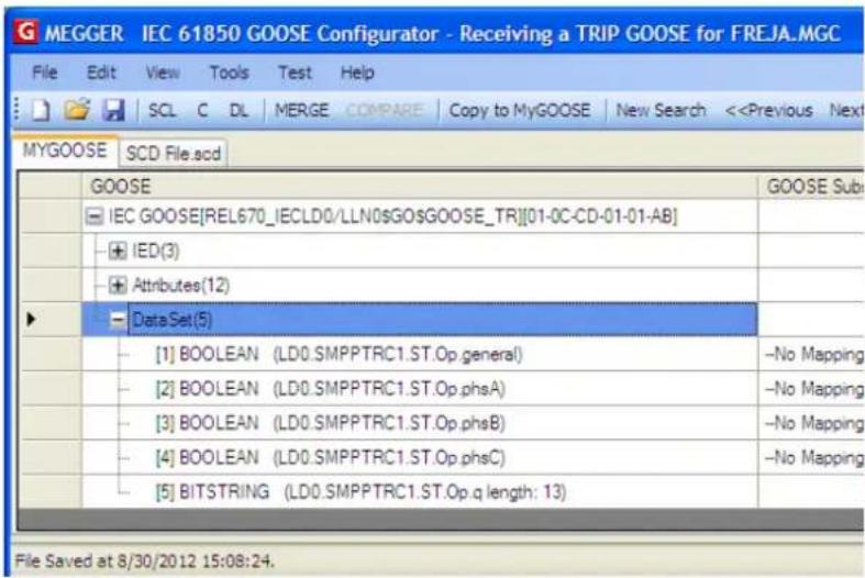 MEGGER IEC 61850 GOOSE Configurator - Receiving a TRIP GOOSE for FREJA.MGC File Edit View Tools Test Help SCL C DL MERGE COMPARE Copy to MyGOOSE New Search <
