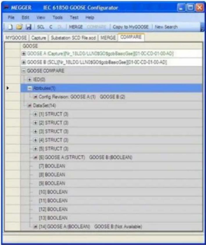 MEGGER IEC 61850 GOOSE Configurator File Edit View Tools Test Help SCL C DL MERGE COMPRE Copy to MyGOOSE New Search MYGOOSE Capture Substation SCD File.scd MERGE COMPRE GOOSE GOOSE A (Capture)[Nr_1BLD0/LLN0GOgobBasicGee][01-0C-CD-01-00-AD] GOOSE B (SCL)[Nr_1BLD0/LLN0GOgobBasicGee][01-0C-CD-01-00-AD] GOOSE COMPARE IED(0) Attributes(1) Config Revision: GOOSE A:(1) GOOSE B:(2) DataSet(14) [1] STRUCT (3) [2] STRUCT (3) [3] STRUCT (3) [4] STRUCT (3) [5] STRUCT (3) [6] GOOSE A:(STRUCT) GOOSE B:(BOOLEAN) [7] BOOLEAN [8] BOOLEAN [9] BOOLEAN [10] BOOLEAN [11] BOOLEAN [12] BOOLEAN [13] BOOLEAN [14] GOOSE A:(BOOLEAN) GOOSE B (Not Available)