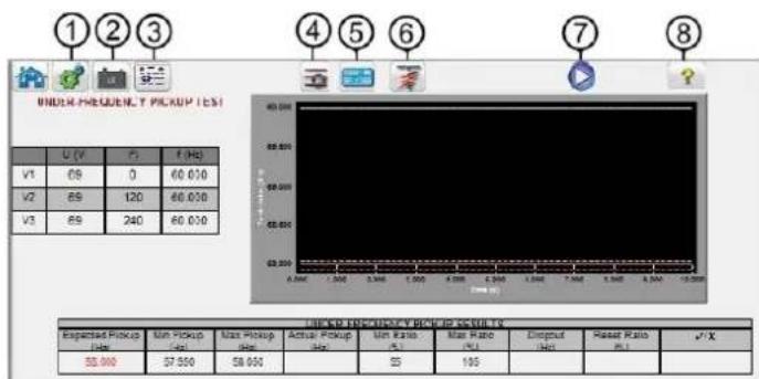 UNDER-FREQUENCY PICKUP TEST U (V) P1 F (Hz) V1 68 0 60.010 V2 65 120 60.010 V3 69 240 60.010 Expected Pickup Jute Max Pickup Gel Max Pickup Max Actual Pickup Max Min Ratio A1 Max Rate A1 Output Iato Reset Ratio A1 *X