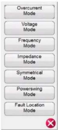 Overcurrent Mode Voltage Mode Frequency Mode Impedance Mode Symmetrical Mode Powerswing Mode Fault Location Mode