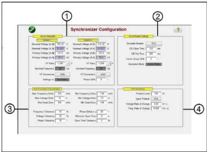 Synchronizer Configuration Device Specification Baseline 1 Nominal Voltage (A-B) 114.32 V Nominal Voltage (A-H) 50.00 V Primary Voltage (A-B) 137.2 kV Primary Voltage (A-H) 75.2 kV VT Ratio 1.200 V VT Frequency 96 Hz VF Connection UAN Settings in 500MHz Baseline 2 Nominal Voltage (A-B) 114.32 V Nominal Voltage (A-H) 50.00 V Primary Voltage (A-B) 137.2 kV Primary Voltage (A-H) 75.2 kV VT Ratio 1.200 V VT Frequency 96 Hz VT Connection UAN Phase SUI 0 ° Virtual Divergent Settings Simulable Driver YES CB Close Time 100 ms CB Trip Time 200 ms Vector Group Shift 0 ° Generator Mode Normal Mode Synchronizer Characteristics Max Frequency Delta 100 mHz Max Voltage Delta 10 Ω Max Dead Zone 100 mHz Frequency Tolerance 10 % Voltage Tolerance 10 % Phase Tolerance 10 ° Max Frequency Delta 1.50 mHz Max Voltage Delta -10 Ω Min Dead Zone -100 mHz Phase Delta d = 20 ° Minimum Sync Time 8 Ω Sync Time Tolerance 6 Ω Test Parameters Default Level 100 % Input Default YES Voltage Rate of Change 0.25 V/s Freq. Rate of Change 0.002 Hz/s