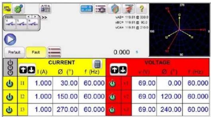 Inputs 4 5 6 VAB= 119.51 @ 330.0 VBC= 119.51 @ 90.0 VCA= 119.51 @ 210.0 180 12 11 90 Prefault Fault 0.000 s CURRENT VOLTAGE ↑↓ ↓ (A) ∅ (°) f (Hz) ↑↓ v (V) ∅ (°) f (Hz) ↓ 11 1.000 30.00 60.000 ↓ v1 69.00 0.00 60.000 ↓ 12 1.000 150.00 60.000 ↓ v2 69.00 120.00 60.000 ↓ 13 1.000 270.00 60.000 ↓ v3 69.00 240.00 60.000