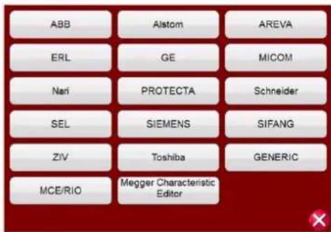 ABB Alstom AREVA ERL GE MICOM Nari PROTECTA Schneider SEL SIEMENS SIFANG ZIV Toshiba GENERIC MCE/RIO Megger Characteristic Editor