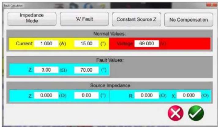 Impedance Mode 'A' Fault Constant Source Z No Compensation Normal Values: Current 1.000 (A) 15.00 (°) Voltage 69.000 (V) Fault Values: Z 3.00 (Ω) 70.00 (°) Source Impedance Z 0.000 (Ω) 0.00 (°) R 0.000 (Ω) X 0.000 (Ω)