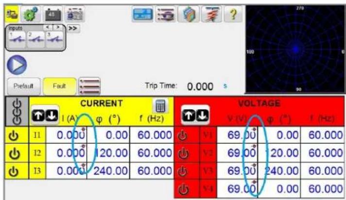 inputs 1 2 3 Prefault Fault Trip Time: 0.000 s CURRENT VOLTAGE I (A) φ (°) f (Hz) I1 0.000 0.00 60.000 V1 69.00 0.00 60.000 I2 0.000 120.00 60.000 V2 69.00 20.00 60.000 I3 0.000 240.00 60.000 V3 69.00 240.00 60.000 V4 69.00 0.00 60.000