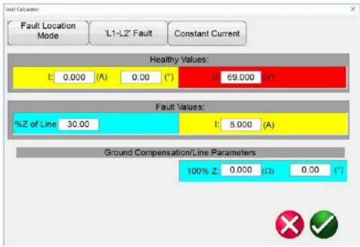 Fault Calculator Fault Location Mode 'L1-L2' Fault Constant Current Healthy Values: I: 0.000 (A) 0.00 (°) 969.000 (V) Fault Values: %Z of Line 30.00 I: 5.000 (A) Ground Compensation/Line Parameters 100% Z: 0.000 (Ω) 0.00 (°)