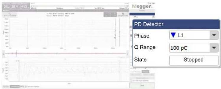 26. 36.4 45.3 Megger. PD Detector Phase L1 Q Range 100 pC State Stopped
