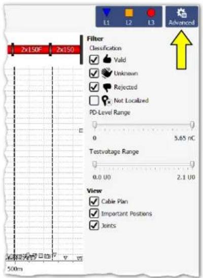 2x150F 2x150 Filter Classification ✓ Valid ✓ Unknown ✓ Rejected ☐ Not Localized PD-Level Range 0 3.65 nC Testvoltage Range 0.0 UO 2.1 UO View ✓ Cable Plan ✓ Important Positions ✓ Joints 500m