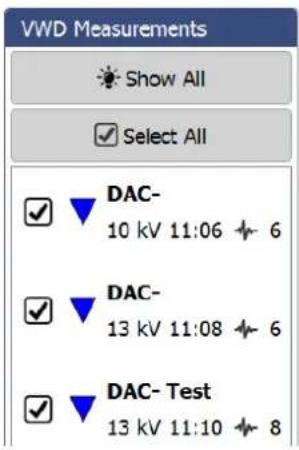 VWD Measurements Show All Select All DAC- 10 kV 11:06 6 DAC- 13 kV 11:08 6 DAC- Test 13 kV 11:10 8