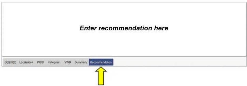 Enter recommendation here Q(t)/U(t) Localisation PRPD Histogram VWD Summary Recommendation