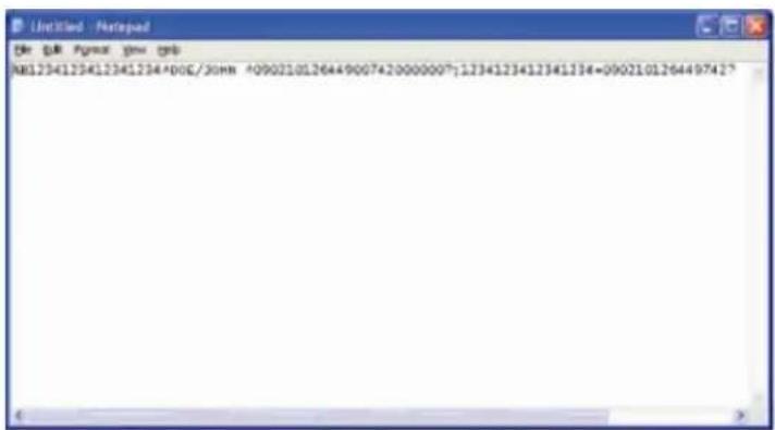 File Edit Format View Help MB1234123412341234*DOC/30HN ^090210126449007420000007;1234123412341234=090210126449742;