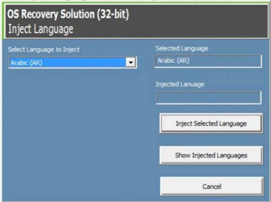 OS Recovery Solution (32-bit) Inject Language Select Language to Inject Arabic (AR) Selected Language Arabic (AR) Injected Language Inject Selected Language Show Injected Languages Cancel