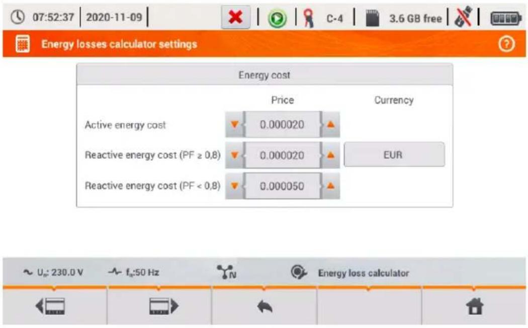 07:52:37 | 2020-11-09 C-4 | 3.6 GB free Energy losses calculator settings Energy cost Price Currency Active energy cost 0.000020 Reactive energy cost (PF ≥ 0,8) 0.000020 EUR Reactive energy cost (PF < 0,8) 0.000050 ~ Up: 230.0 V fA:50 Hz Energy loss calculator