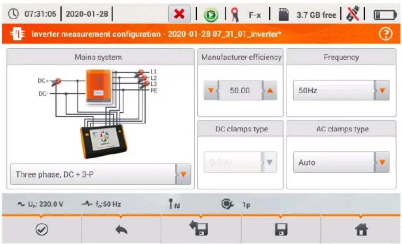 07:31:05 | 2020-01-28 | F-x | 3.7 GB free | Inverter measurement configuration - 2020-01-28 07_31_01_inverter* Mains system DC+ L1 L2 L3 PE Three phase, DC + 3-P Manufacturer efficiency 50.00 Frequency 50Hz DC clamps type C-5(A) AC clamps type Auto ~ Un: 230.0 V ~ fn:50 Hz IN 1p