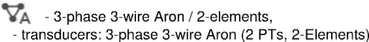 A - 3-phase 3-wire Aron / 2-elements, - transducers: 3-phase 3-wire Aron (2 PTs, 2-Elements)