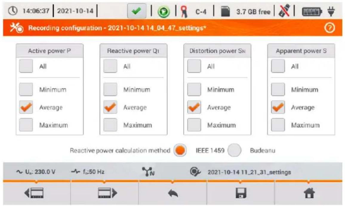 14:06:37 2021-10-14 C-4 3.7 GB free Recording configuration - 2021-10-14 14_04_47_settings* Active power P All Minimum Average Maximum Reactive power Q1 All Minimum Average Maximum Distortion power Sn All Minimum Average Maximum Apparent power S All Minimum Average Maximum Reactive power calculation method IEEE 1459 Budeanu ~ Ua: 230.0 V fA:50 Hz 2021-10-14 11_21_31_settings