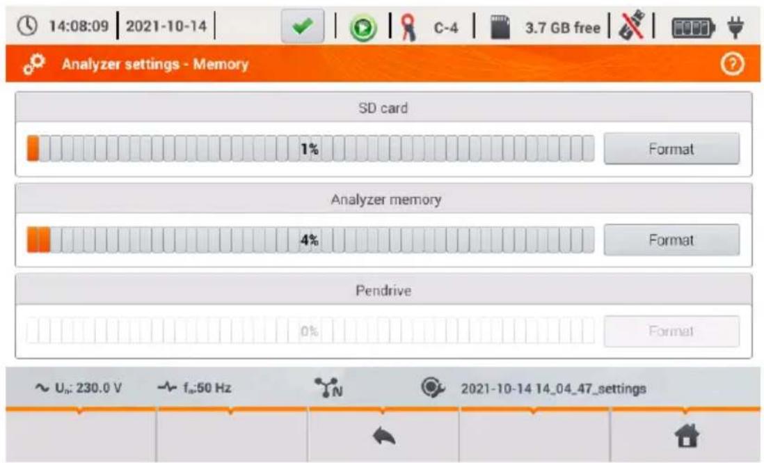 14:08:09 2021-10-14 C-4 3.7 GB free Analyzer settings - Memory SD card 1% Format Analyzer memory 4% Format Pendrive 0% Format ~ Ua: 230.0 V ~ fa:50 Hz N 2021-10-14 14_04_47_settings