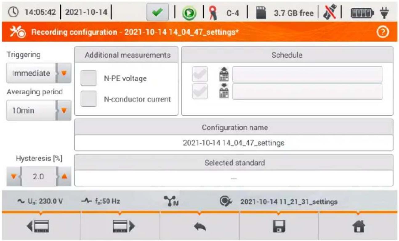 14:05:42 | 2021-10-14 | C-4 | 3.7 GB free | Recording configuration - 2021-10-14 14_04_47_settings* Triggering Immediate Averaging period 10min Additional measurements N-PE voltage N-conductor current Schedule Configuration name 2021-10-14 14_04_47_settings Hysteresis [%] 2.0 Selected standard Uₙ: 230.0 V fₙ:50 Hz 2021-10-14 11_21_31_settings