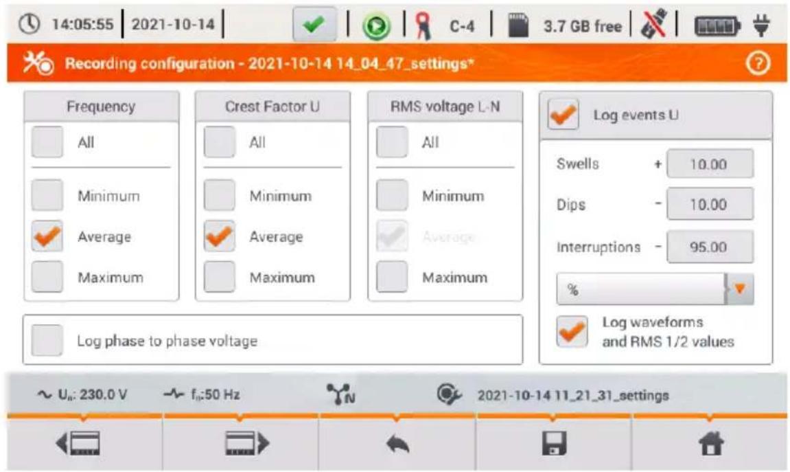 14:05:55 | 2021-10-14 | C-4 | 3.7 GB free | Recording configuration - 2021-10-14 14_04_47_settings* Frequency All Minimum Average Maximum Crest Factor U All Minimum Average Maximum RMS voltage L-N All Minimum Average Maximum Log events U Swells + 10.00 Dips - 10.00 Interruptions - 95.00 % Log waveforms and RMS 1/2 values Log phase to phase voltage ~ Ua: 230.0 V ~ fi:50 Hz 2021-10-14 11_21_31_settings