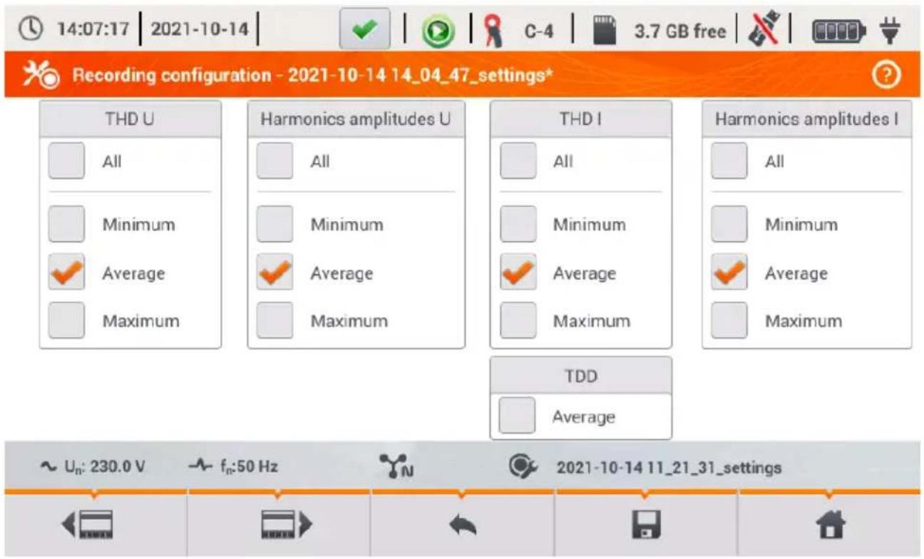 Recording configuration - 2021-10-14 14_04_47_settings* THD U All Minimum Average Maximum Harmonics amplitudes U All Minimum Average Maximum THD I All Minimum Average Maximum Harmonics amplitudes I All Minimum Average Maximum TDD Average ~ Un: 230.0 V fn:50 Hz 2021-10-14 11_21_31_settings