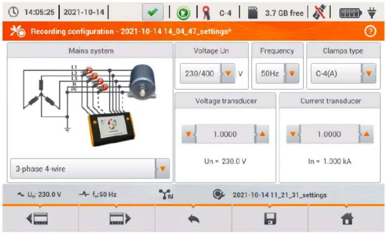 14:05:25 | 2021-10-14 | C-4 | 3.7 GB free | Recording configuration - 2021-10-14 14_04_47_settings* Mains system Voltage Un 230/400 V Frequency 50Hz Clamps type C-4(A) Voltage transducer 1.0000 Un = 230.0 V Current transducer 1.0000 In = 1.000 kA 3-phase 4-wire ~ Un: 230.0 V f_n:50 Hz 2021-10-14 11_21_31_settings