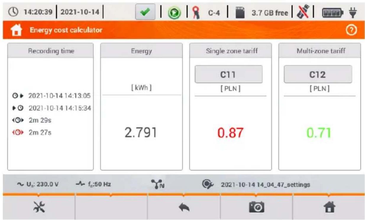 14:20:39 | 2021-10-14 | C-4 | 3.7 GB free | Energy cost calculator Recording time ▶ 2021-10-14 14:13:05 ▶ 2021-10-14 14:15:34 ◀ 2m 29s ◀ 2m 27s Energy [kWh] 2.791 Single zone tariff C11 [PLN] 0.87 Multi-zone tariff C12 [PLN] 0.71 ~ Uₙ: 230.0 V ~ fₙ:50 Hz 2021-10-14 14_04_47_settings