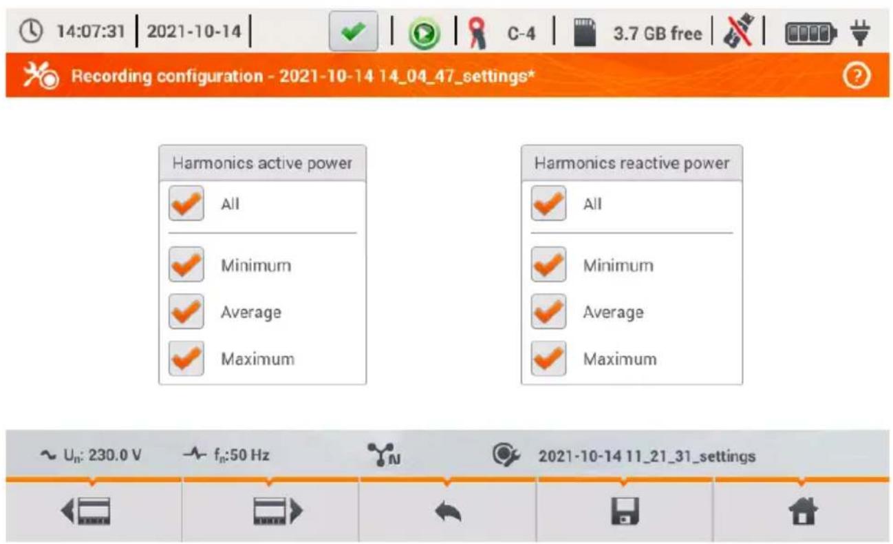 Recording configuration - 2021-10-14 14_04_47_settings* Harmonics active power All Minimum Average Maximum Harmonics reactive power All Minimum Average Maximum ~ Un: 230.0 V fn:50 Hz 2021-10-14 11_21_31_settings