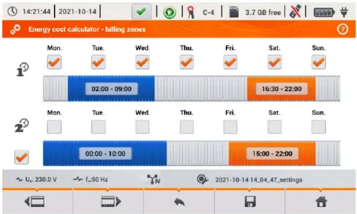 Energy cost calculator - billing zones Mon. Tue. Wed. Thu. Fri. Sat. Sun. 02:00 - 09:00 16:30 - 22:00 Mon. Tue. Wed. Thu. Fri. Sat. Sun. 00:00 - 10:00 15:00 - 22:00 ~ Uₙ: 230.0 V ~ fₙ:50 Hz 2021-10-14 14_04_47_settings