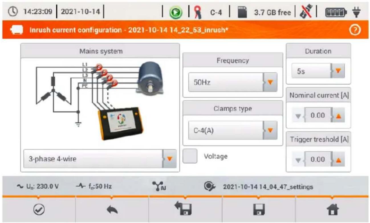 14:23:09 | 2021-10-14 | C-4 | 3.7 GB free | Inrush current configuration - 2021-10-14 14_22_53_inrush* Mains system Frequency 50Hz Duration 5s Nominal current [A] Clamps type C-4(A) Trigger treshold [A] 3-phase 4-wire Voltage ~ Un: 230.0 V fn:50 Hz 2021-10-14 14_04_47_settings