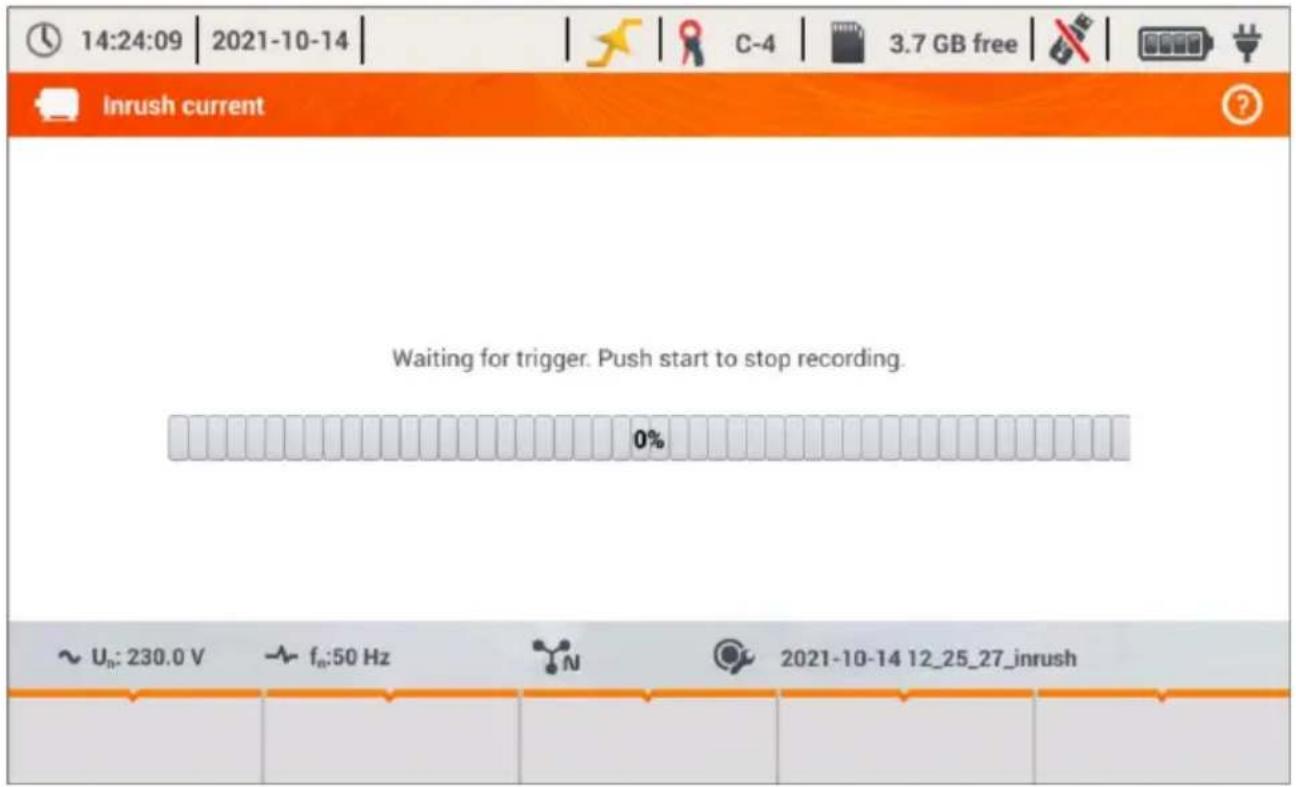 14:24:09 | 2021-10-14 | C-4 | 3.7 GB free | inrush current Waiting for trigger. Push start to stop recording. 0% ~ Uₙ: 230.0 V fₙ:50 Hz N 2021-10-14 12_25_27_inrush