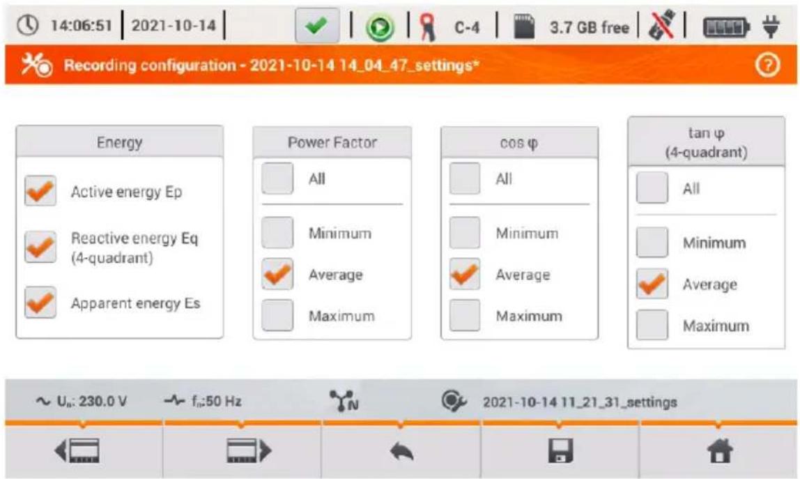 14:06:51 | 2021-10-14 | C-4 | 3.7 GB free | Recording configuration - 2021-10-14 14_04_47_settings* Energy Active energy Ep Reactive energy Eq (4-quadrant) Apparent energy Es Power Factor All Minimum Average Maximum cos φ All Minimum Average Maximum tan φ (4-quadrant) All Minimum Average Maximum ~ Uₙ: 230.0 V ~ fₙ:50 Hz 2021-10-14 11_21_31_settings