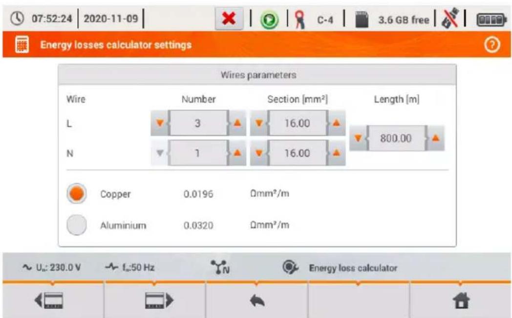 07:52:24 | 2020-11-09 Energy losses calculator settings Wires parameters Wire Number Section [mm²] Length [m] L 3 16.00 800.00 N 1 16.00 Copper 0.0196 Ømm²/m Aluminium 0.0320 Ømm²/m ~ Uₙ: 230.0 V ~ fₙ:50 Hz Energy loss calculator