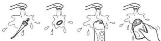 Four-step illustration showing a hand holding a tool above a droplet, with water droplets and a bottle in each step (no text or symbols)