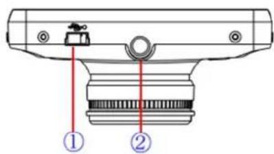 Technical diagram of a mechanical component with labeled parts ① and ②, showing a pivot and threaded shaft assembly.