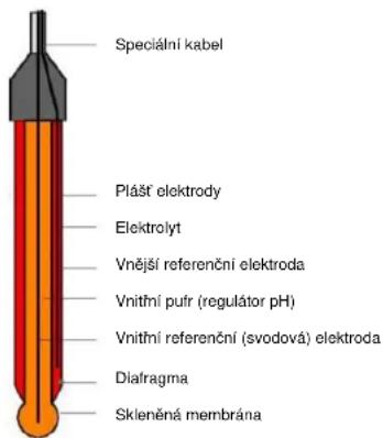 Speciální kabel Plást elektrody Elektrolyt Vnější referenční elektroda Vnitřní pufr (regulátor pH) Vnitřní referenční (svodová) elektroda Diafagma Skleněná membrána