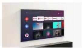 Smart TV screen displaying multiple app icons and status bar, likely for a media or audio interface.