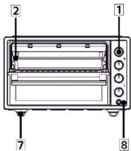 Diagram of a toaster oven with labeled parts including front, back, and interior views