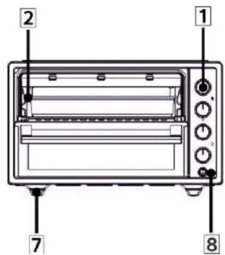 Diagram of a toaster oven with labeled parts including front, back, and interior views