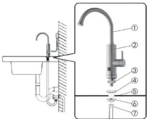Technical diagram of a kitchen sink assembly with numbered parts for identification